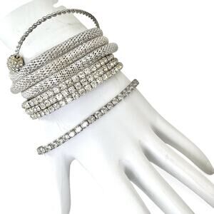 Bracelets Clear Rhinestone Lot 4 Mesh Charm Silver Tone Tennis Wrap Cuff Sparkle